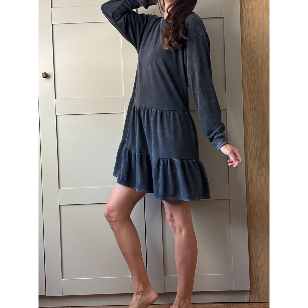 Wild Fable Gray Acid Wash Tiered Ruffle Relaxed Loose Mini Dress Crew Neck Small